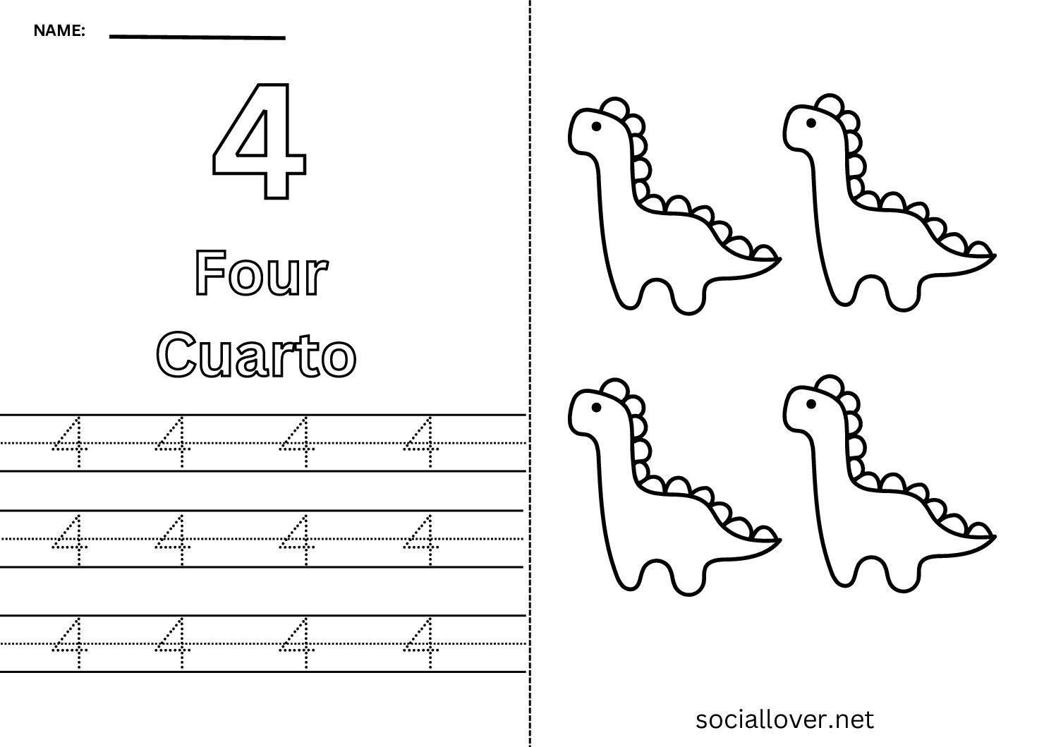 Bilingual Spanish Number 4 (Cuatro) Worksheet