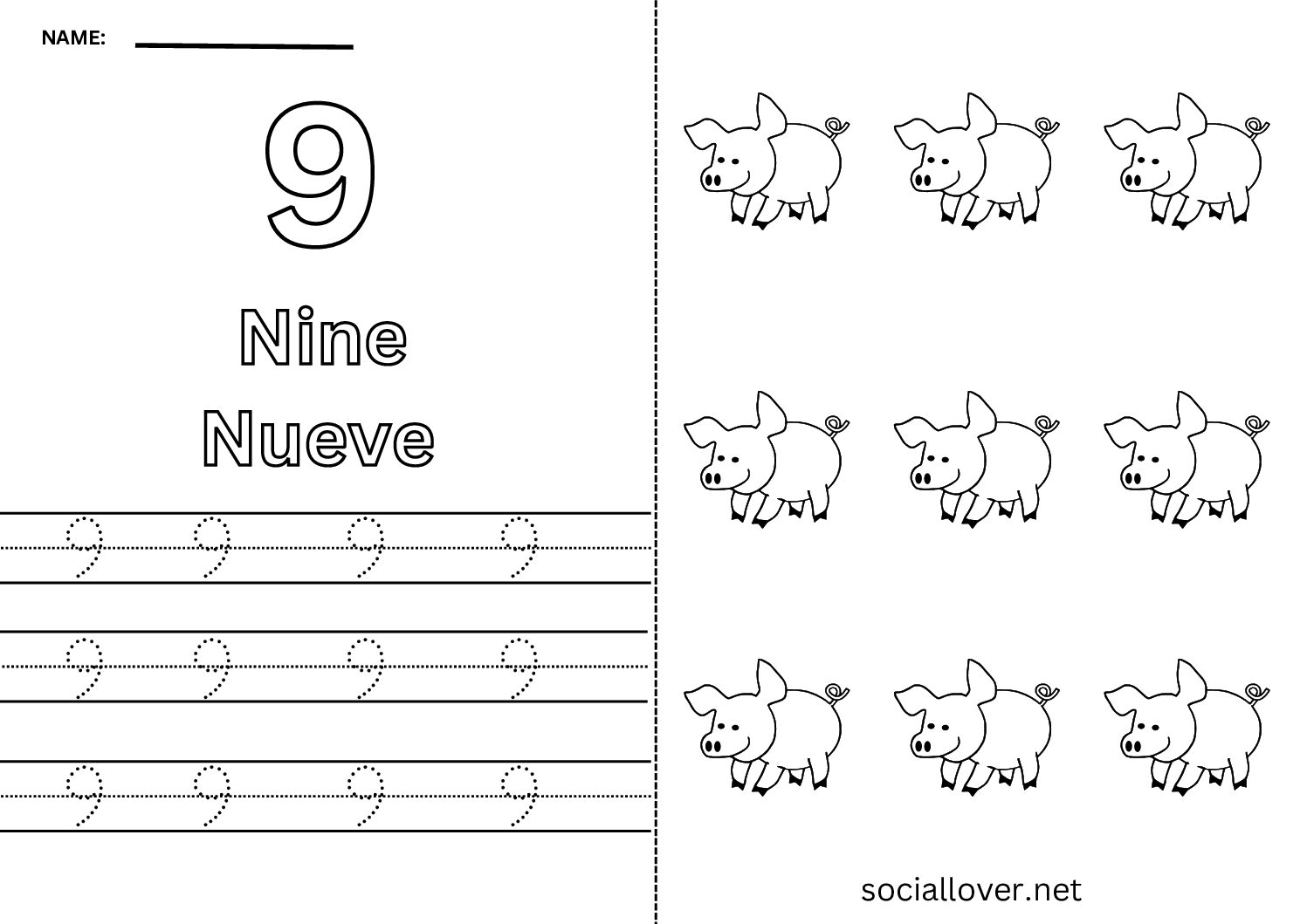 Bilingual Spanish Number 9 (Nueve) Worksheet